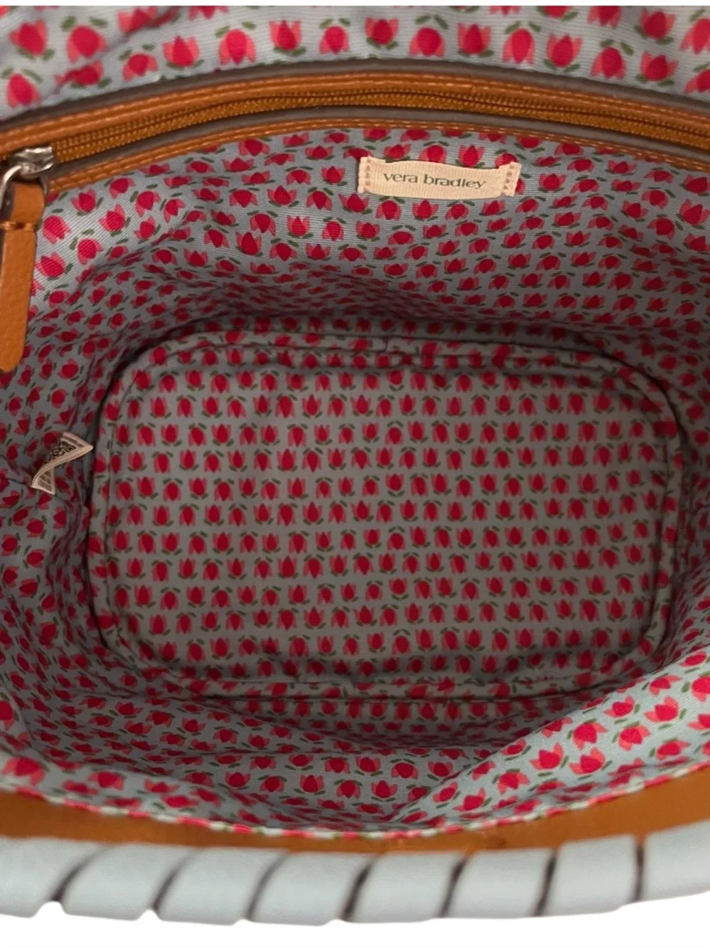 NWT Vera Bradley Faux Leather Hobo Slouchy Bucket Shoulder Bag Tan/Light Blue